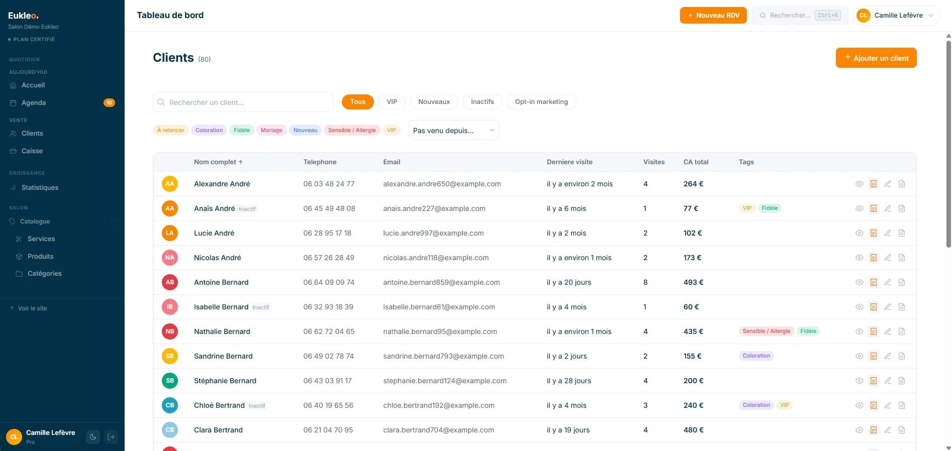 Aperçu Fiches clients dans Eukleo
